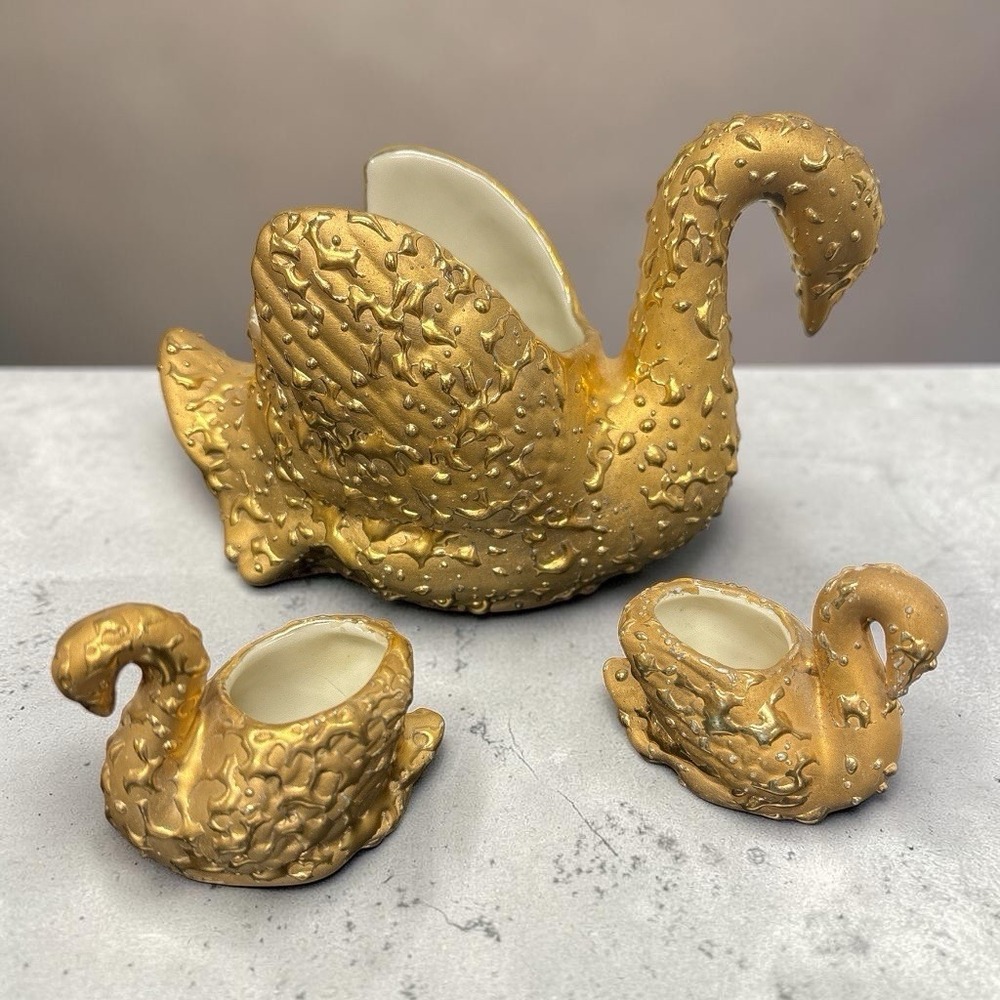 Vintage Swan Weeping Bright Gold 22k USA Made Set of 3 Hand Decorated